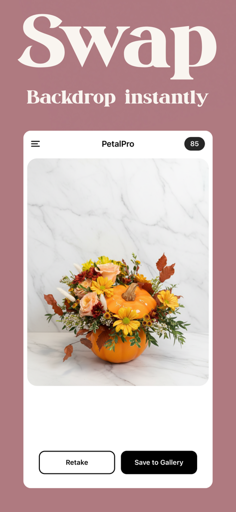PetalPro: Florist Photo Editor - PetalPro app interface showing an AI backdrop swap feature with a floral pumpkin arrangement on a white marble background
