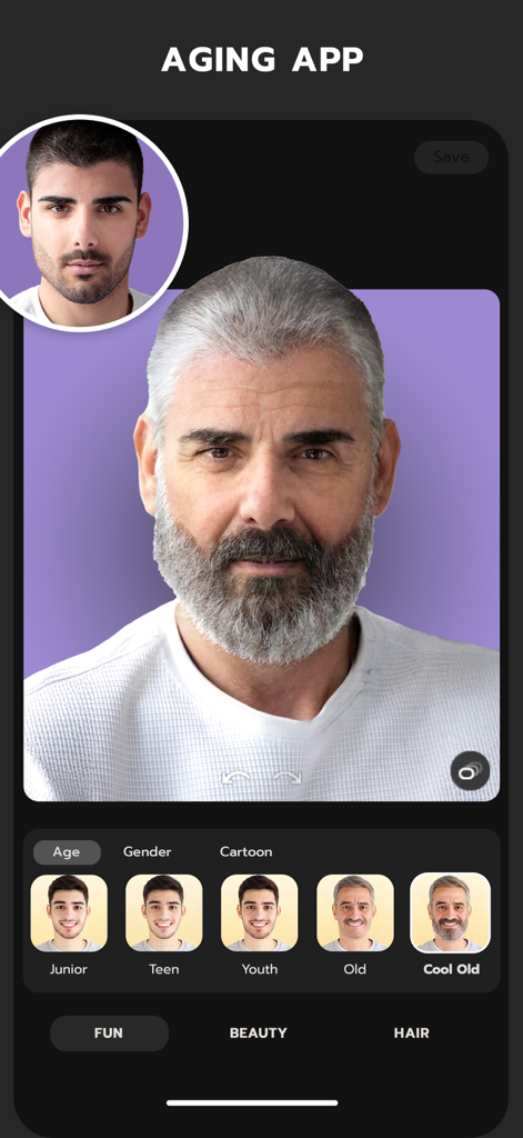 Ein Screenshot der FaceLab-App-Oberfläche, der das Porträt eines jungen Mannes zeigt, der mit dem Alterungsfilter in eine ältere Version mit grauem Bart verwandelt wurde.