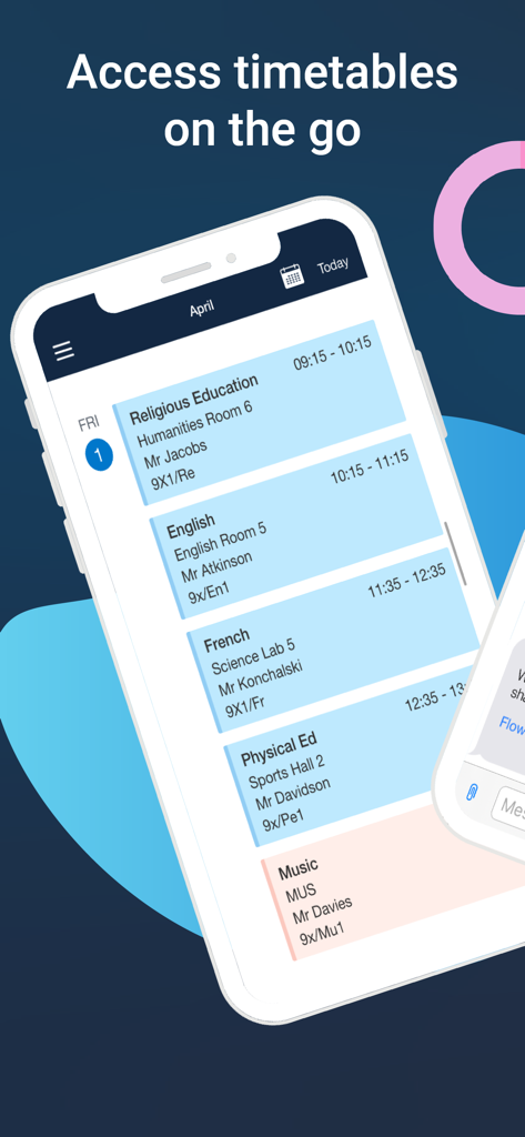 Pantalla de smartphone que muestra un horario escolar diario con asignaturas como Inglés y Francés dentro de la aplicación Satchel One