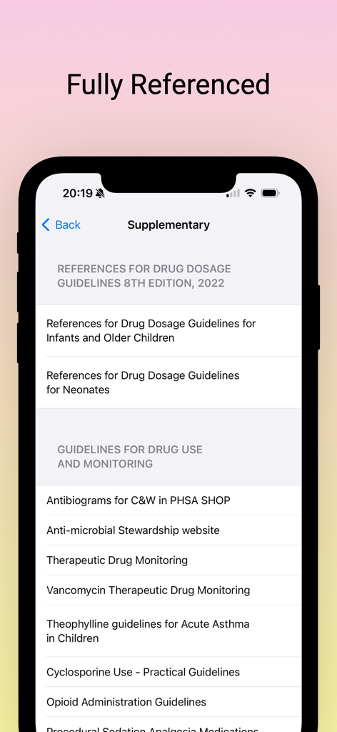 PedMed - PedMed app interface showing a list of clinical drug dosage references and monitoring guidelines