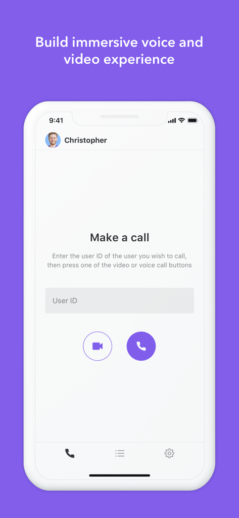 Sendbird Calls app interface for initiating voice and video calls using a user ID.