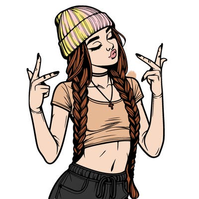 realistic teenage girl with braids and a beanie and crop top doing 🫶🏼