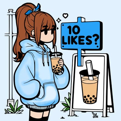 girl with oversized hoodie drinking boba and she has a high ponytail with a sign that says 10likes?