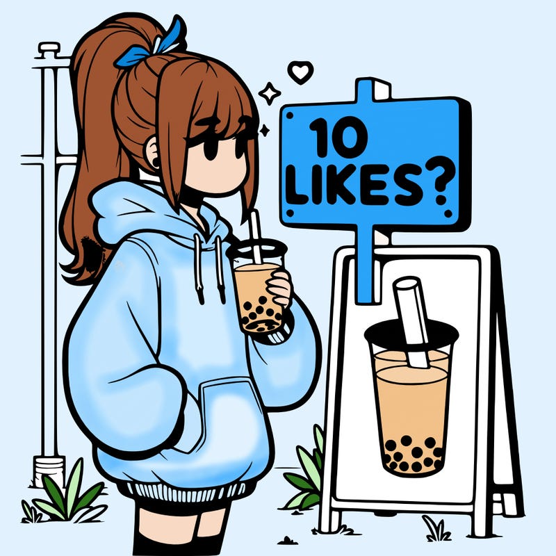 girl with oversized hoodie drinking boba and she has a high ponytail with a sign that says 10likes?