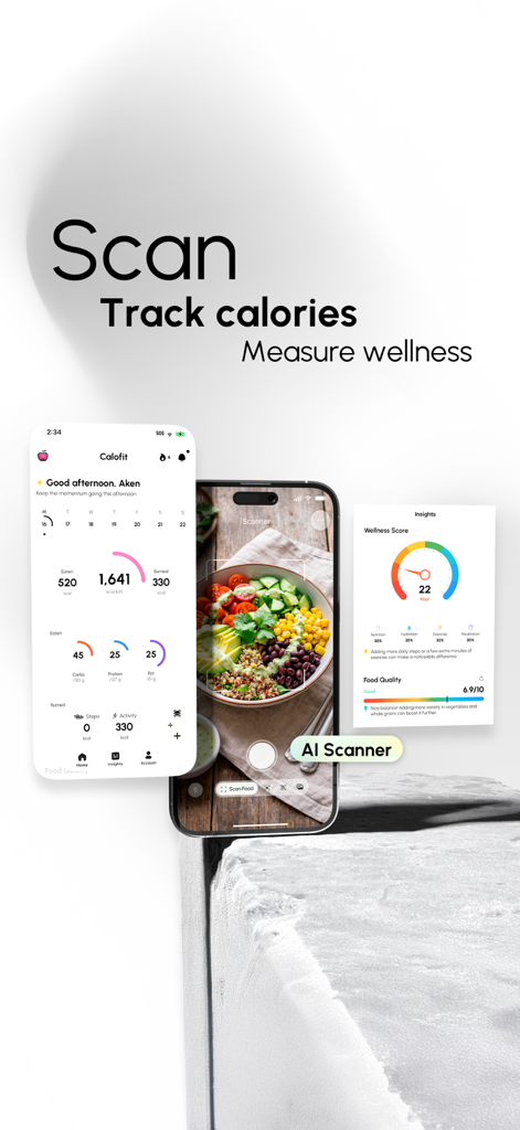 Calofit - AI Food Tracker - Calofit app interface displaying the AI food scanner, daily calorie dashboard, and wellness insights.