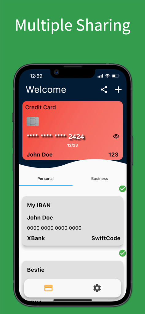 A screenshot of the Card IBAN Wallet mobile app showing a digital credit card and bank account details with personal and business categorization tabs