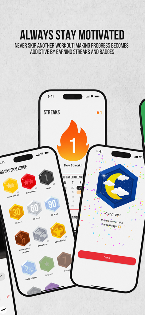 Mobile app screens showing fitness streaks and achievement badges for the 90 Day Challenge