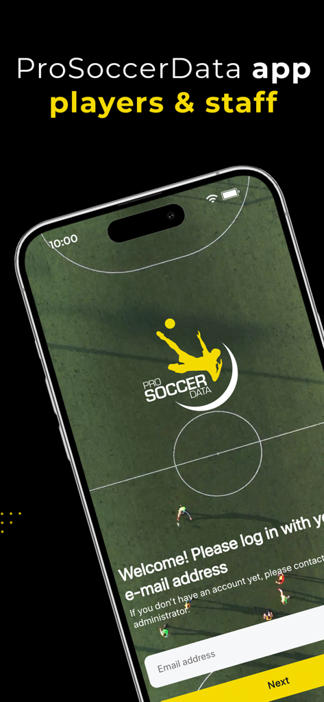 ProSoccerData App-Login-Bildschirm für Spieler und Mitarbeiter