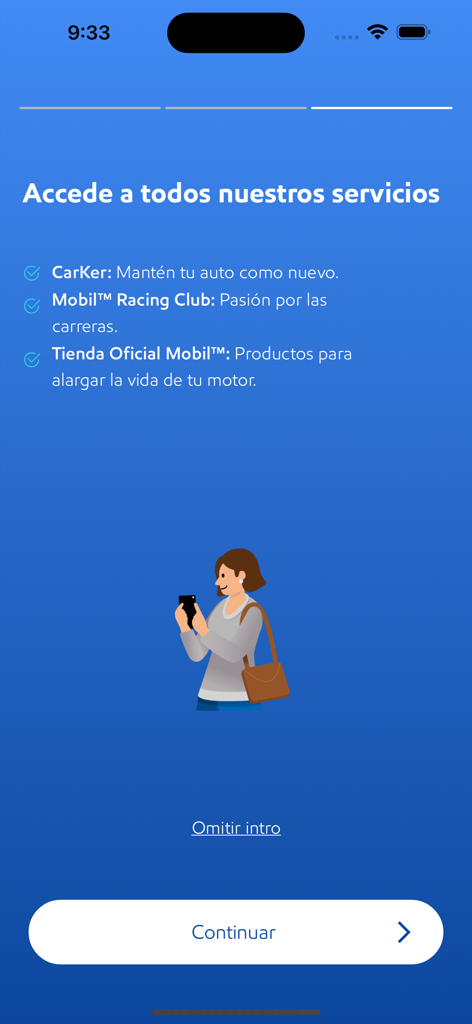Schermata di onboarding dell'App Mobil che evidenzia i servizi di manutenzione auto e le funzionalità del club di corse.