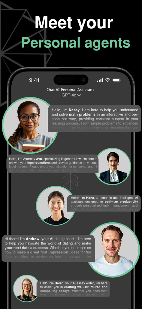 ChatAI - RAG & AI Agents - Interface do aplicativo móvel mostrando diferentes agentes de IA para matemática, conselhos legais, produtividade, namoro e tarefas de escrita