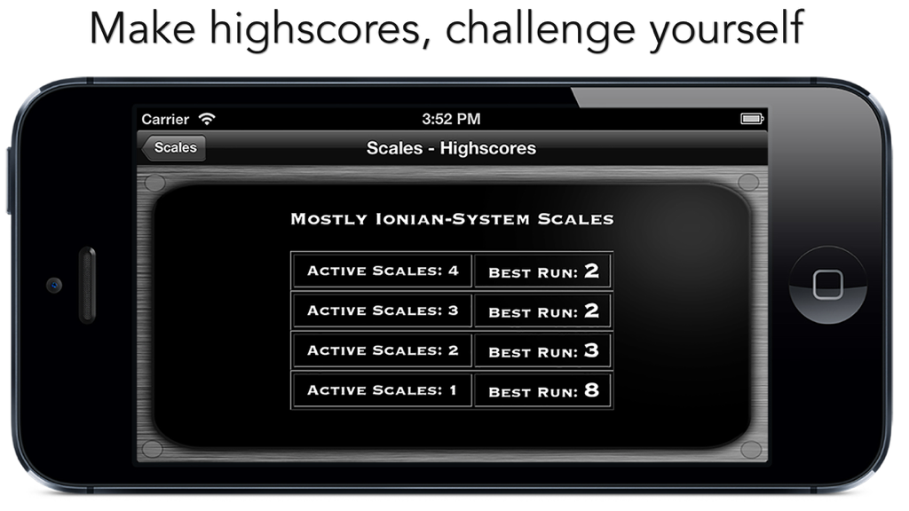 goodEar Pro - Ear Training - A screen display of high scores for scale recognition exercises in the goodEar Pro ear training app