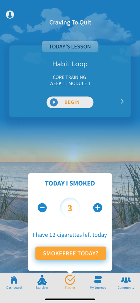 Craving To Quit app user interface showing a cigarette tracker and a habit loop lesson module