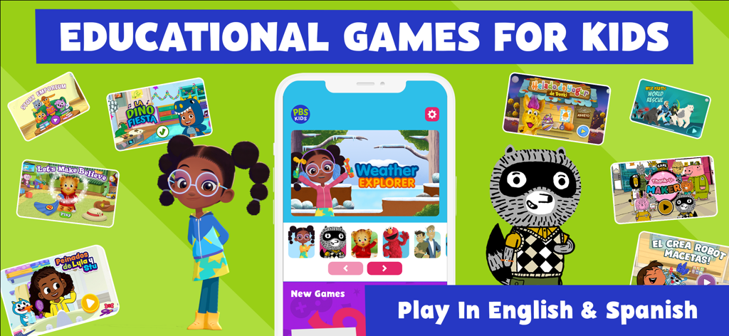 PBS KIDS Games app banner for educational games in English and Spanish