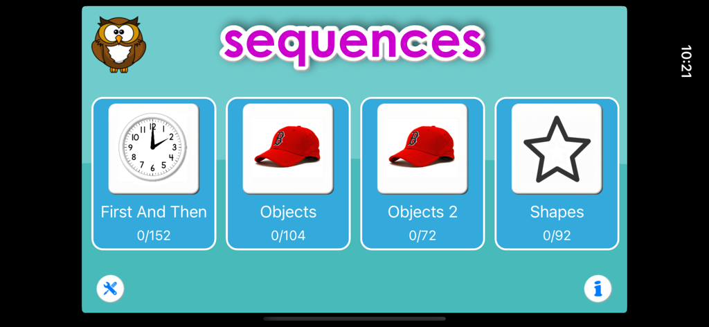Sequences for Kids Pro - Main menu of the Sequences for Kids Pro app showing four educational game categories including First And Then, Objects, and Shapes