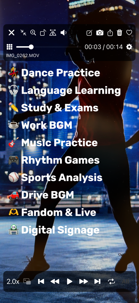 Mugen Player - Interface do app Mugen Player listando vários casos de uso de reprodução, como prática de dança e análise esportiva sobre um vídeo.