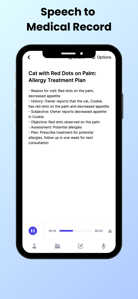 Scribvet app interface showing a structured AI-generated medical record for a cat allergy treatment plan