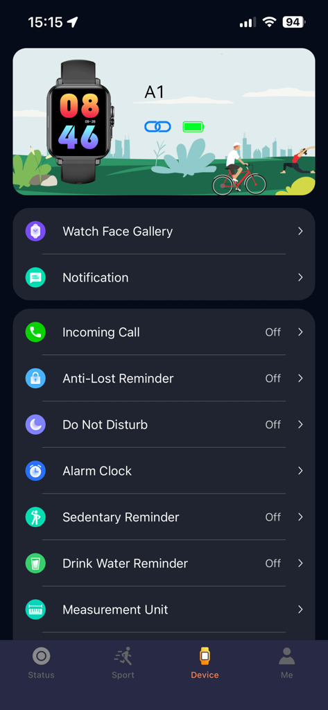 CO-FIT - Interfaccia utente dell'app CO-FIT che mostra le impostazioni del dispositivo smartwatch e le notifiche sanitarie