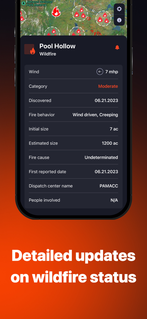 The Wildfire Tracker - A mobile application screen showing detailed wildfire status information including wind speed, fire behavior, and estimated size.