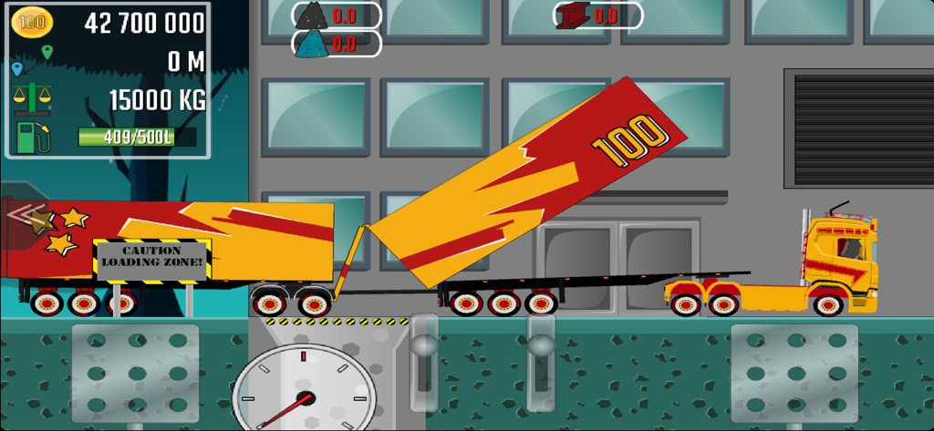 トラック輸送シミュレーターゲームTrucker Joeの、工業施設で大きな貨物を積み込んでいるトラックを示した2D横スクロールビュー。