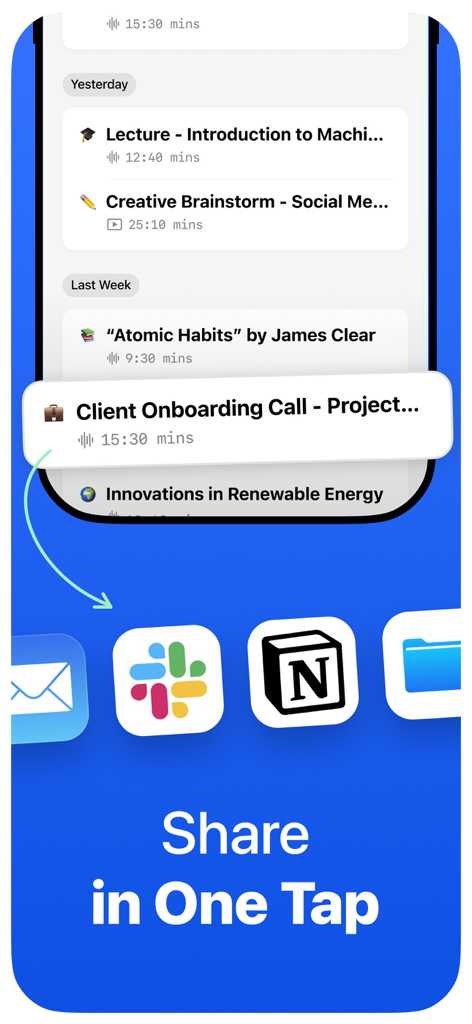 Echo AIアプリのインターフェース。会議文字起こしのワンタップ共有がSlackとNotionに表示されています。