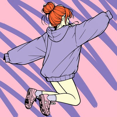 realistic girl jumping with a bun and oversized sweatshirt