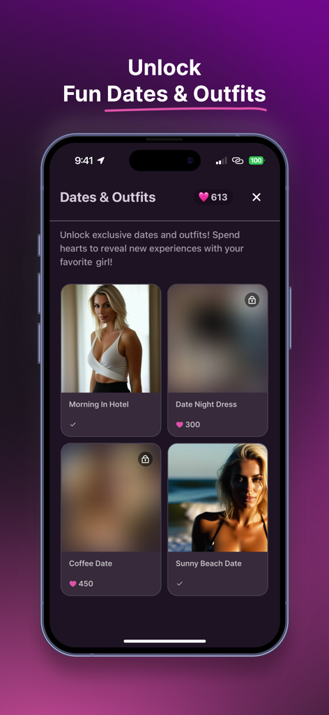 SpicyGF app screen showing options to unlock various virtual dates and outfits for an AI companion.