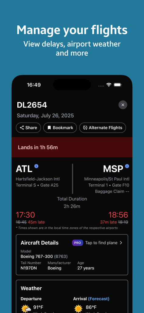 NavPort アプリで、フライト状況、遅延情報、空港の天気を示すスマートフォンの画面。