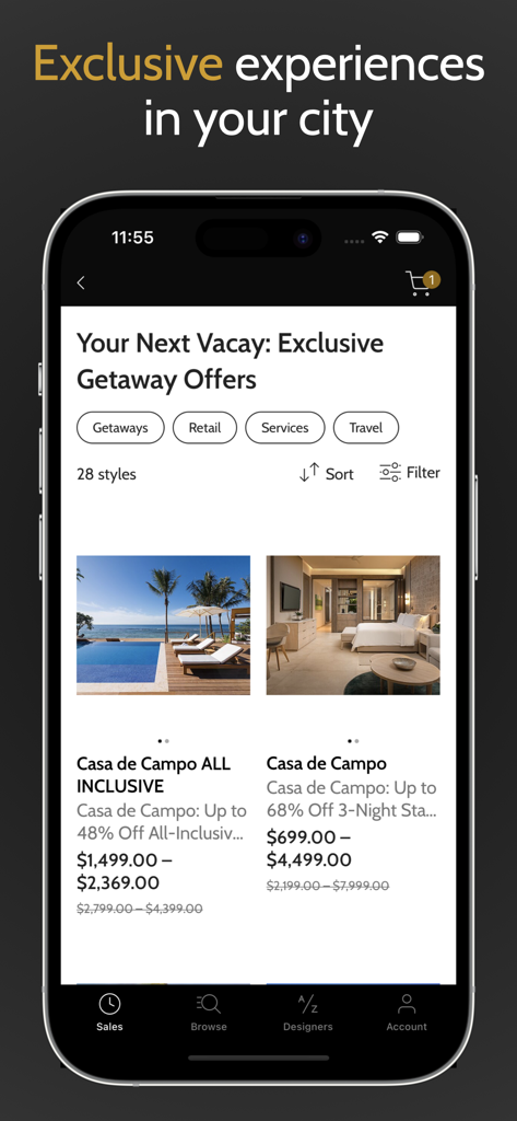 Interface do aplicativo Gilt exibindo ofertas exclusivas de escapadas de designer e experiências de viagens de luxo