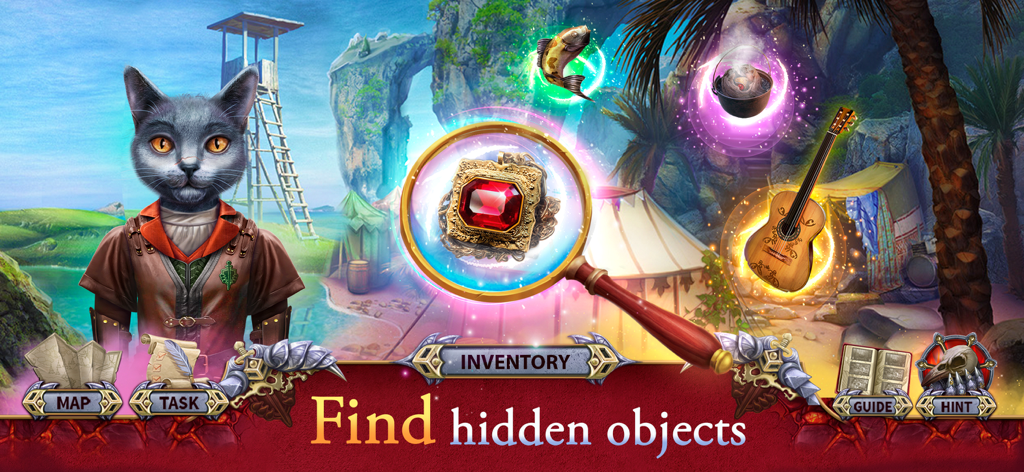 Knight Cats 2: Hidden Objects - Cat character Shavan searching for hidden objects in Knight Cats 2