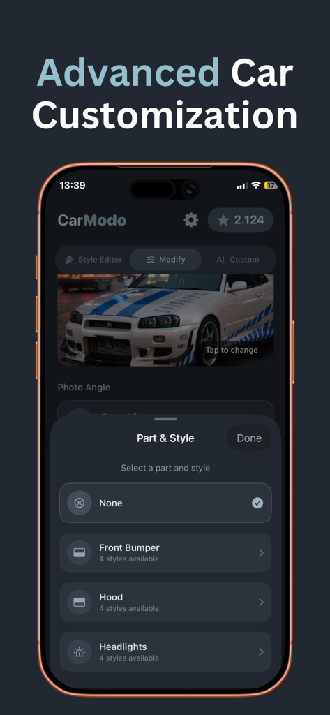 AI Car Modification - CarModo - CarModo mobile app interface showing advanced AI car customization options for a white sports car
