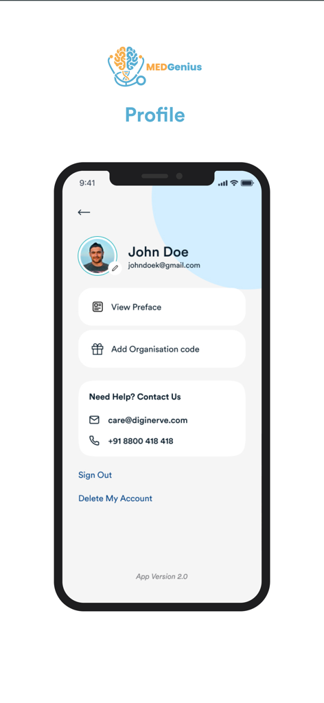 MedGenius: Powered by Dr Wise - Pantalla de perfil de usuario de la aplicación MedGenius mostrando detalles de la cuenta e información de contacto de soporte