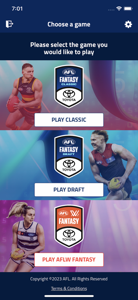 Selection screen in the AFL Fantasy app featuring buttons for Classic, Draft, and AFLW game modes.