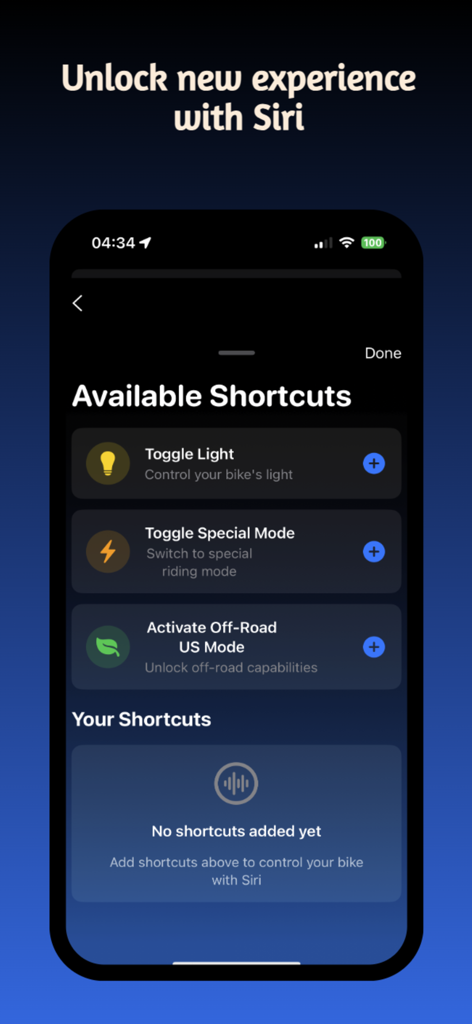 Bikee - Interfaz de la aplicación Bikee en un iPhone que muestra los atajos de Siri disponibles para controlar una e-bike, incluyendo el control de luces y el modo todoterreno.