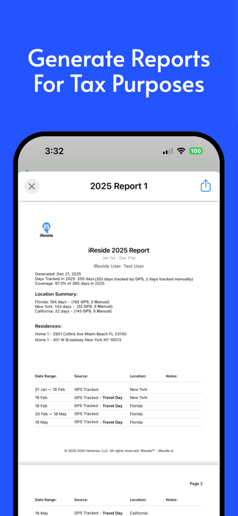 iReside - Residency Tracker - A detailed residency report for tax purposes showing day counts in Florida New York and California