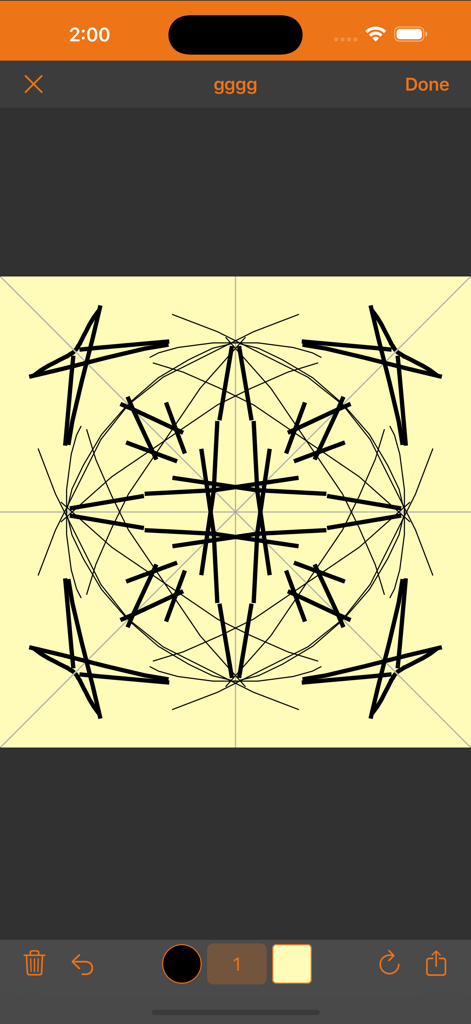 A black symmetrical geometric pattern on a yellow canvas inside the Fx Symmetry app interface