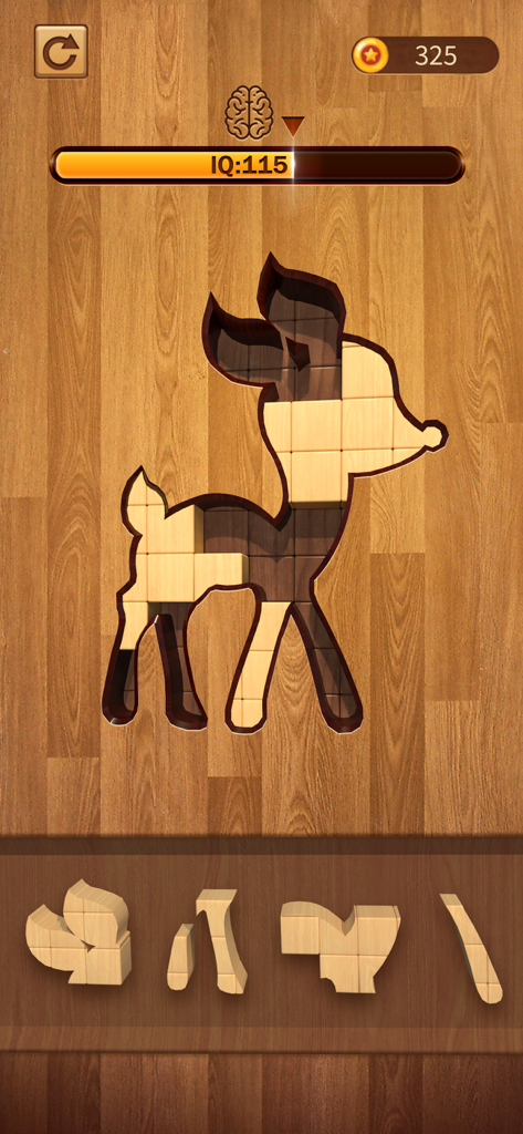 A wooden jigsaw puzzle game showing a deer silhouette being filled with wooden blocks on a wood background.