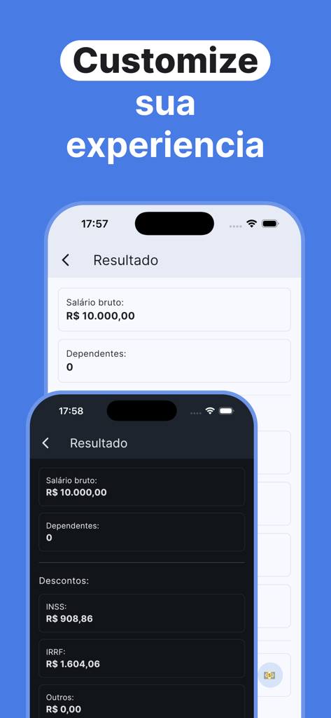 CalculaTudo: Juros, IPVA e + - ライトモードとダークモードのテーマで給与計算結果を表示するCalculaTudoアプリのインターフェース