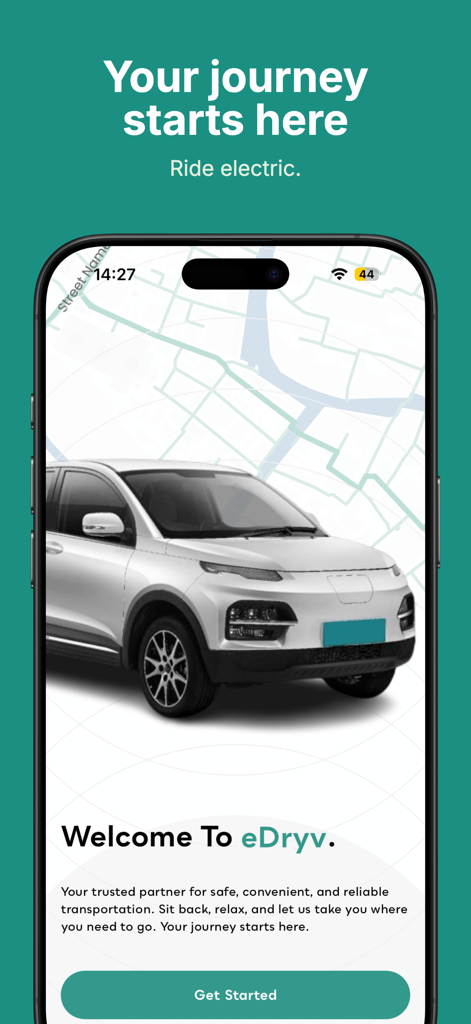 Welcome screen of the eDryv electric ride hailing app featuring a white car and a Get Started button.