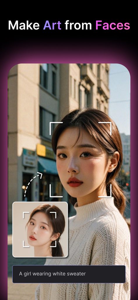 MyEditアプリのインターフェース。顔写真からテキストプロンプトを使用してポートレートを生成するAIアート顔機能を表示しています。