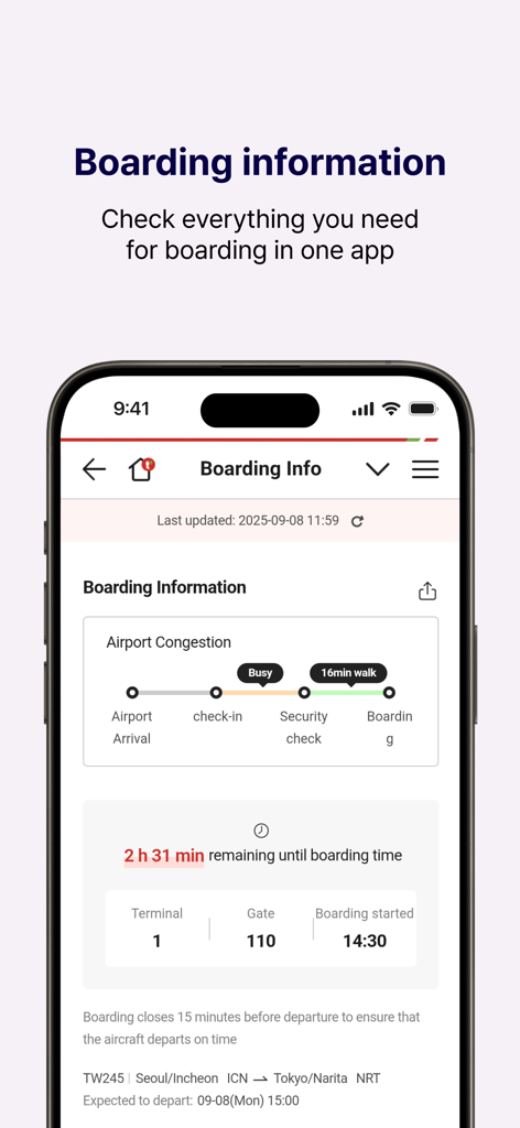 항공편 탑승 세부 정보 및 공항 혼잡도 타임라인을 보여주는 티웨이항공 앱 인터페이스.