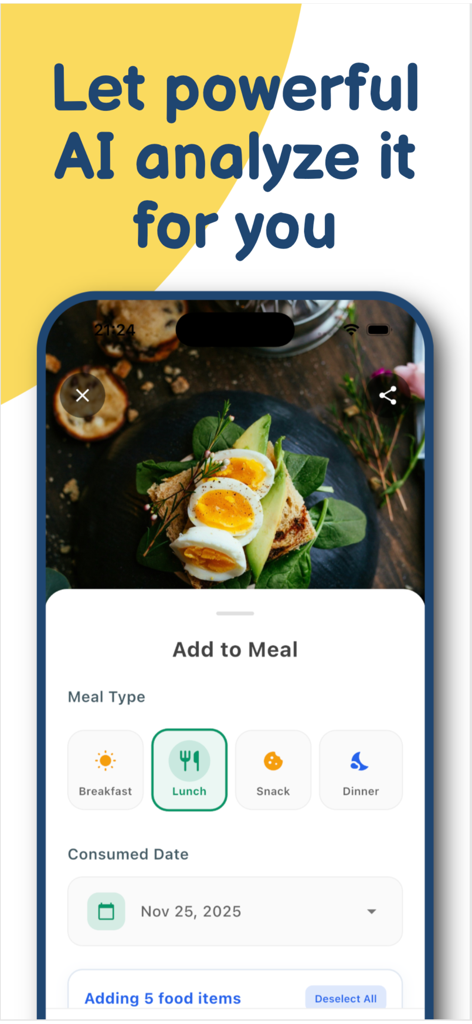CalcEat - AI Calorie Tracker - Interfaz de la aplicación CalcEat mostrando el análisis de IA de una comida de tostadas de aguacate con opciones para registrarla como almuerzo.