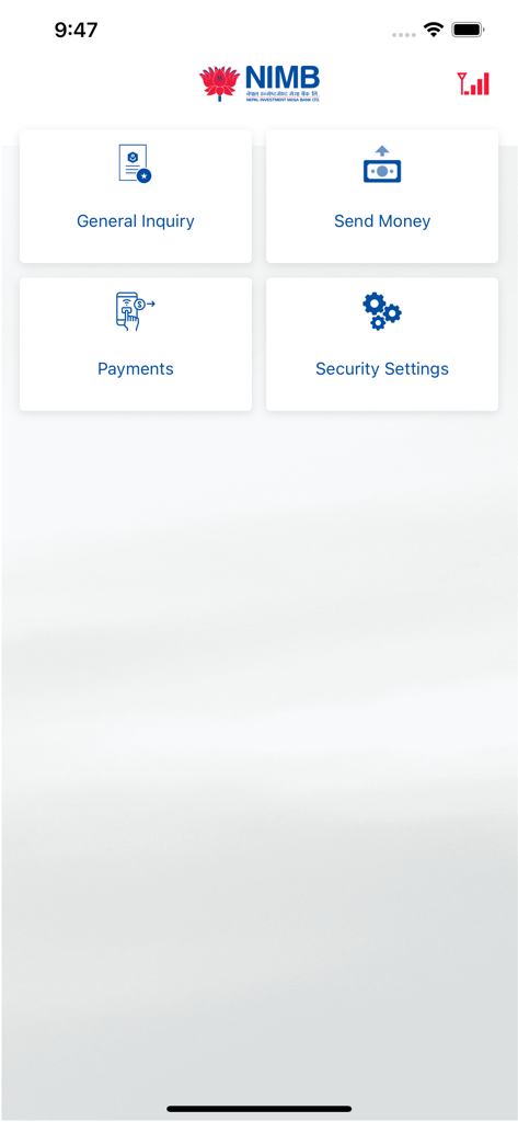 Interface do aplicativo de mobile banking NIMB Smart mostrando opções de consulta geral, envio de dinheiro, pagamentos e configurações de segurança