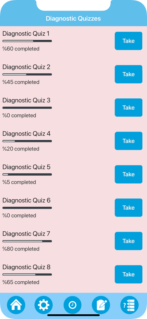 Diagnostic quizzes list in the Learning Earth Science app with completion progress bars and take buttons.
