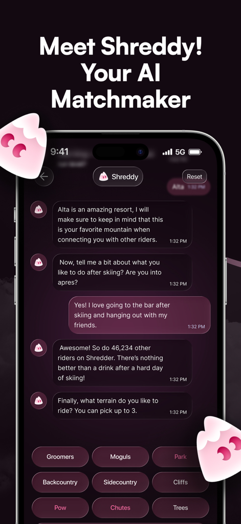 Interface of the Shredder app showing Shreddy the AI matchmaker chatting with a user to find ski and snowboard partners based on terrain preferences