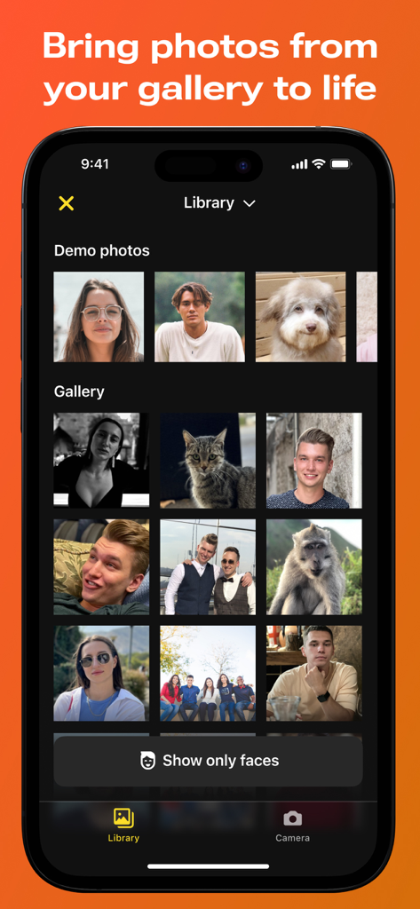 Avatarify app photo gallery interface displaying various portraits and animals for AI facial animation
