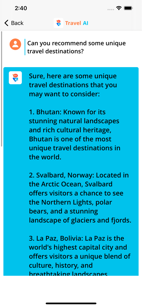 Travel AI - Chatbot - Una pantalla de chatbot de la aplicación Travel AI que proporciona recomendaciones de destinos de viaje únicos como Bután y Noruega.