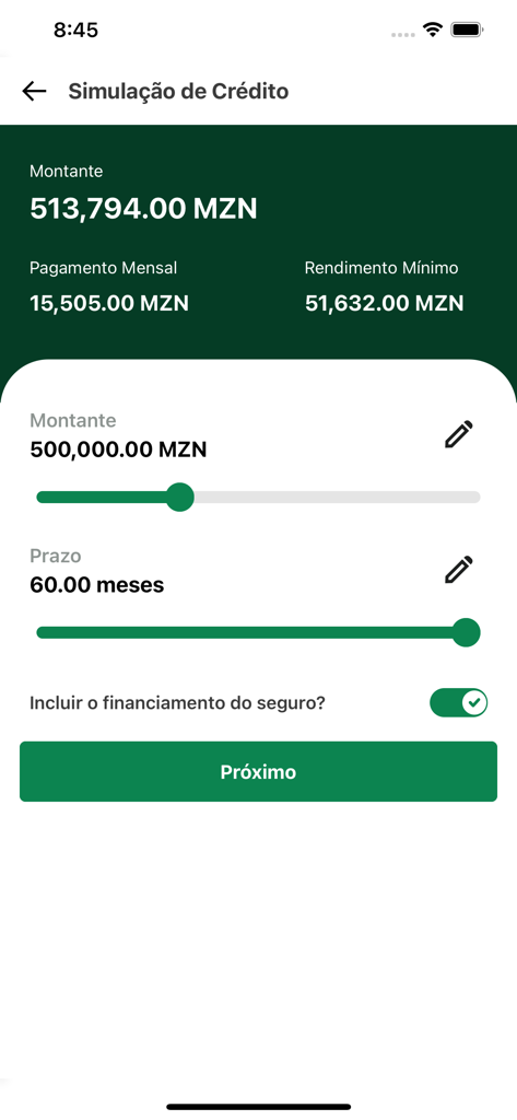 MyUey - Loan simulation interface of the MyUey app displaying credit amount and monthly payment calculations.