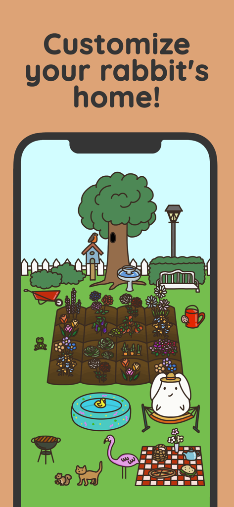 Habit Rabbit: Habit Tracker - A pet rabbit in a decorated outdoor garden home with flowers and a picnic area