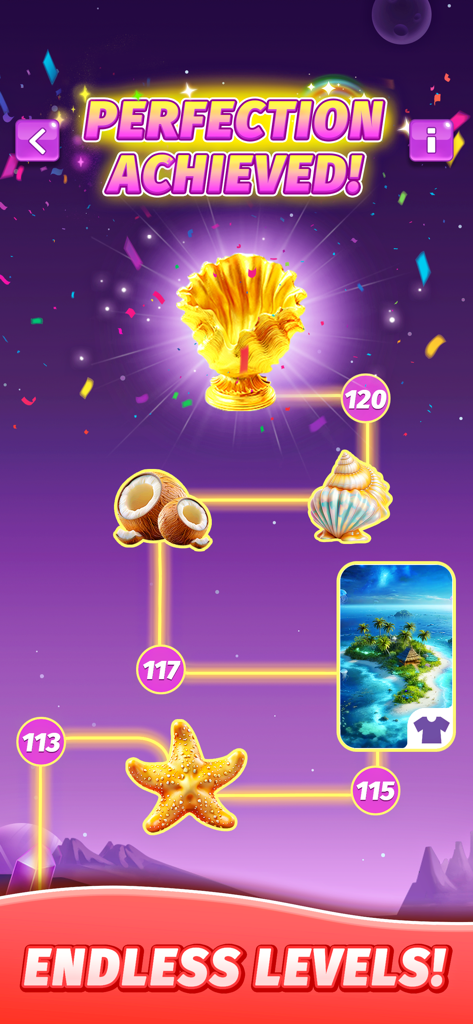 Progress map of Jewel Sliding block puzzle showing tropical levels and a golden trophy