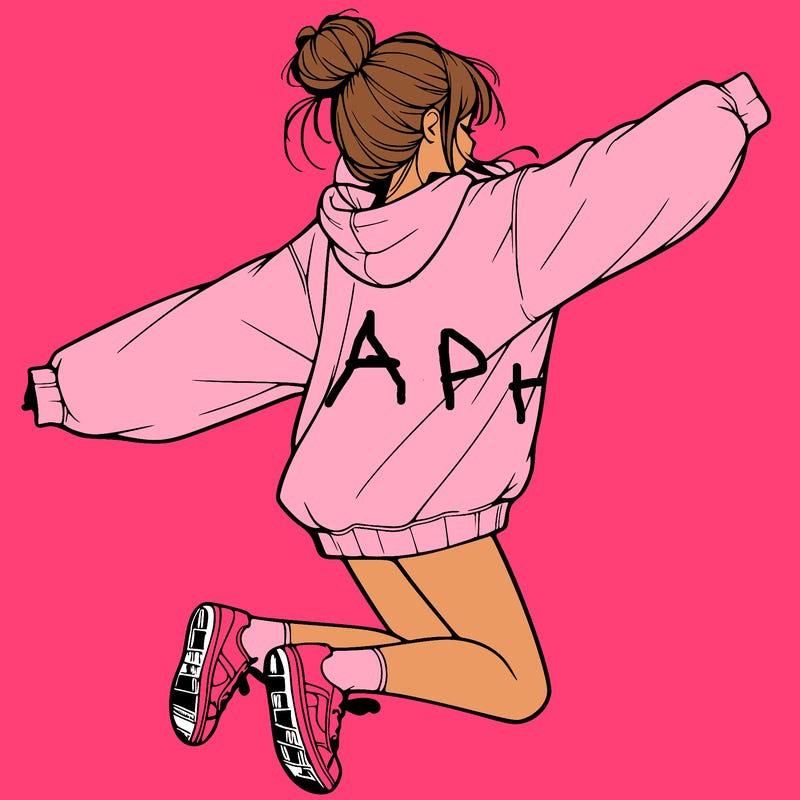 realistic girl jumping with a bun and oversized sweatshirt